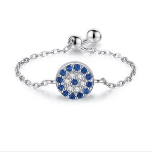 925 Sterling Silver Platinum Plated Blue Eye Chain Ring